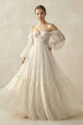 Off - the - Shoulder A - Line Ruffled Tulle Corset Wedding Dress in Champagne - SHE IS ME Wedding Dresses