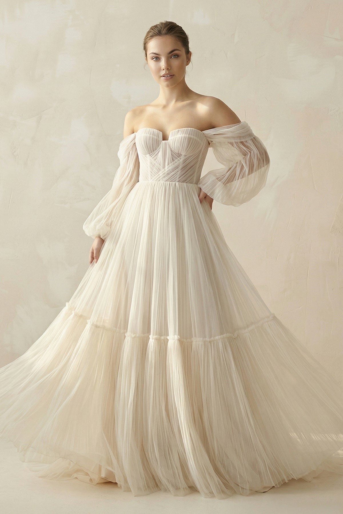 Off - the - Shoulder A - Line Ruffled Tulle Corset Wedding Dress in Champagne - SHE IS ME Wedding Dresses