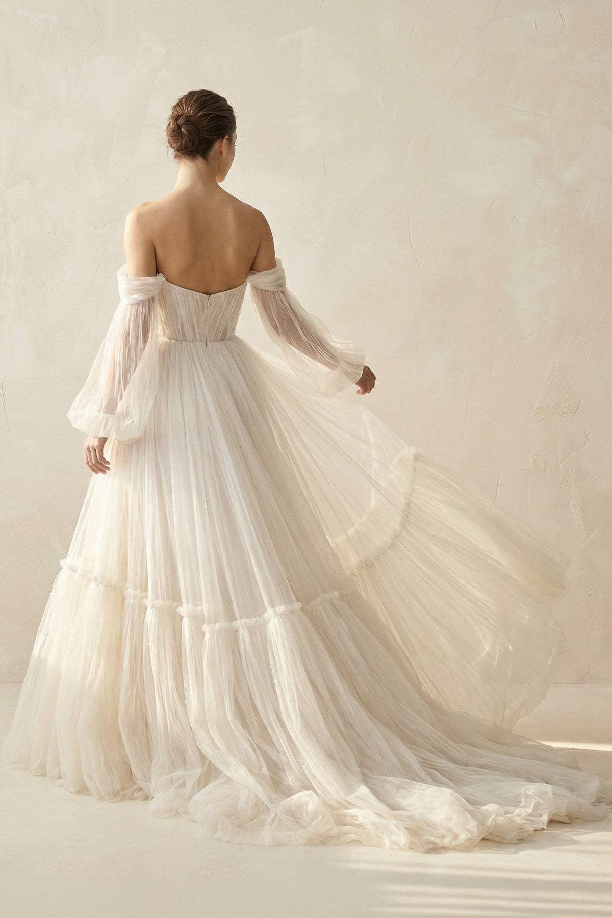 Off - the - Shoulder A - Line Ruffled Tulle Corset Wedding Dress in Champagne - SHE IS ME Wedding Dresses