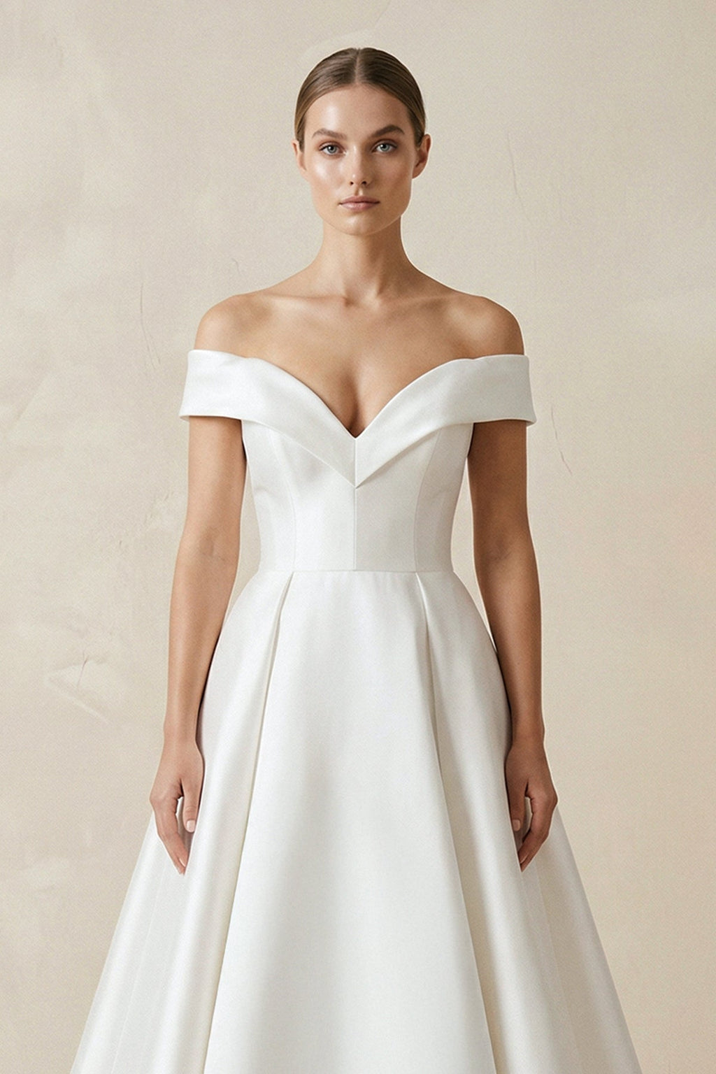 Off - the - shoulder A - Line Satin Wedding Dress - SHE IS ME Wedding Dresses