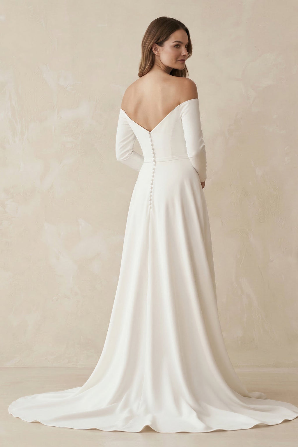 Off - the - Shoulder A - Line Satin Wedding Dress in White - SHE IS ME Wedding Dresses