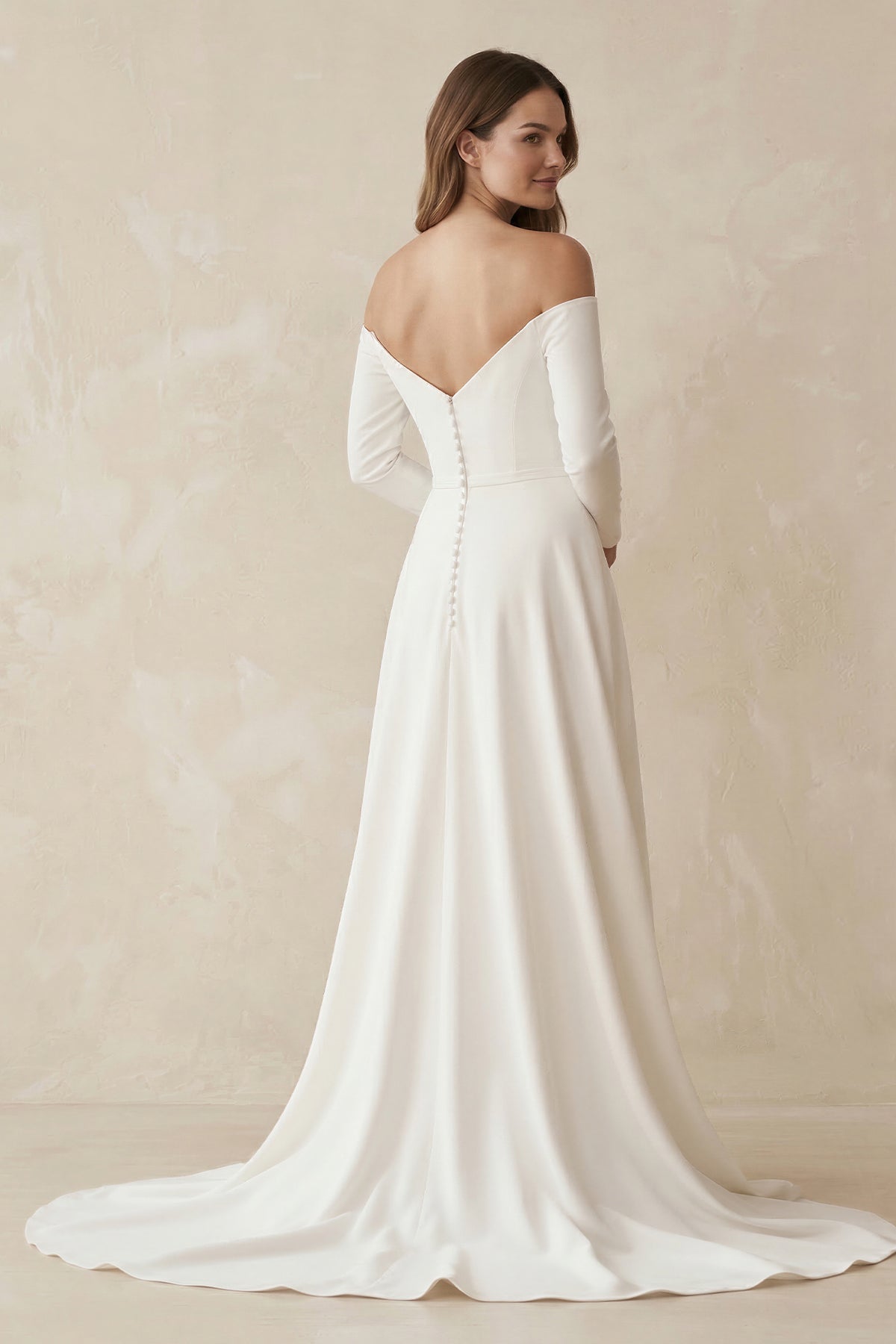 Off - the - Shoulder A - Line Satin Wedding Dress in White - SHE IS ME Wedding Dresses