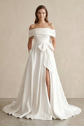 Off - the - Shoulder A - Line Satin Wedding Dress With Bow in White - SHE IS ME Wedding Dresses