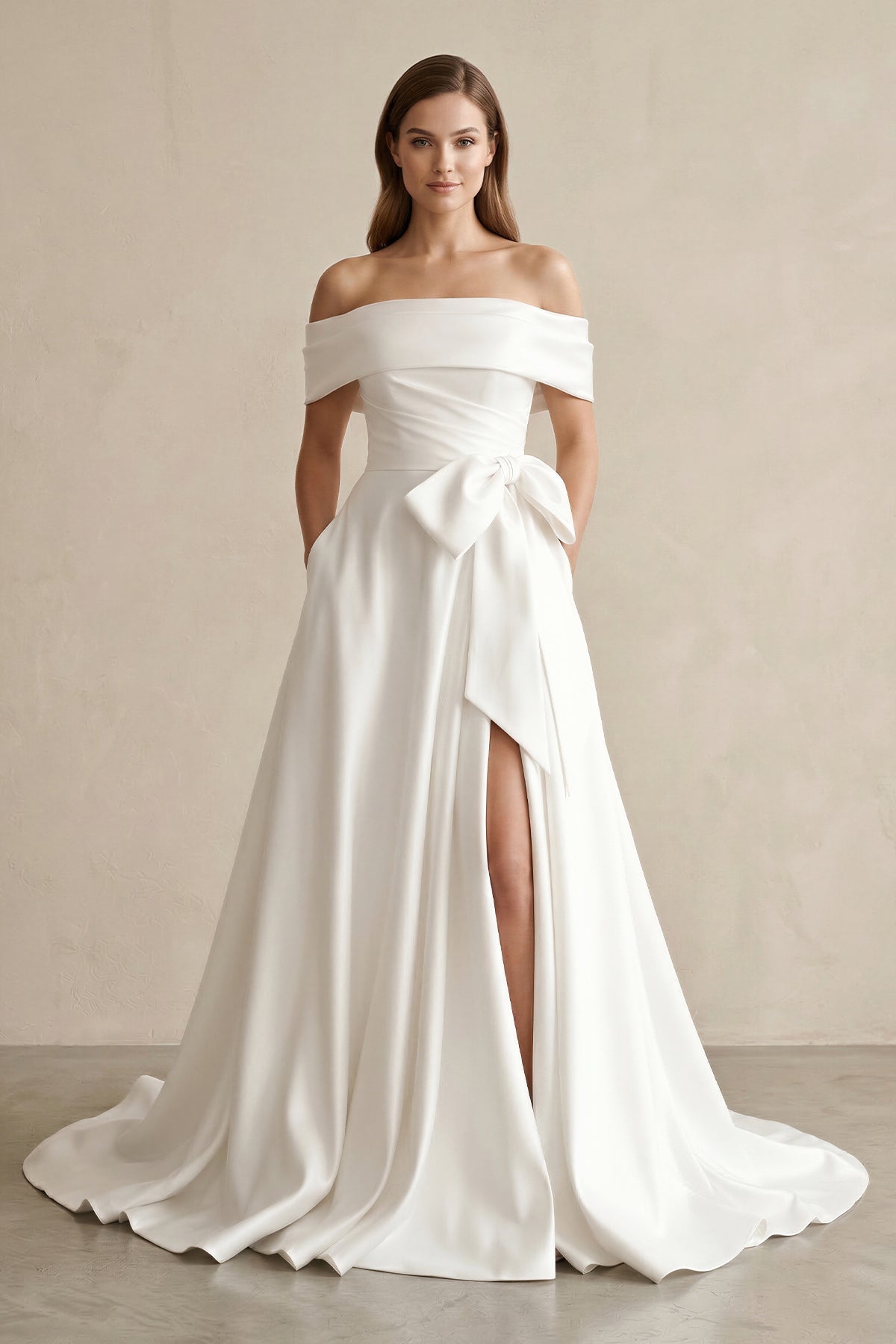 Off - the - Shoulder A - Line Satin Wedding Dress With Bow in White - SHE IS ME Wedding Dresses