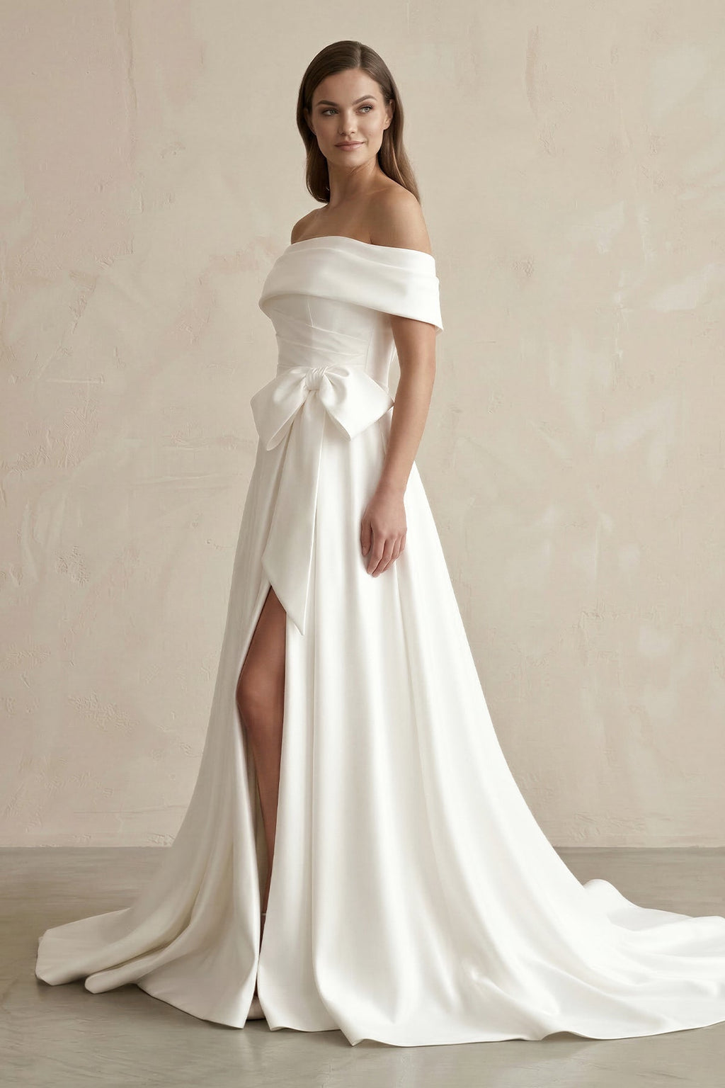 Off - the - Shoulder A - Line Satin Wedding Dress With Bow in White - SHE IS ME Wedding Dresses