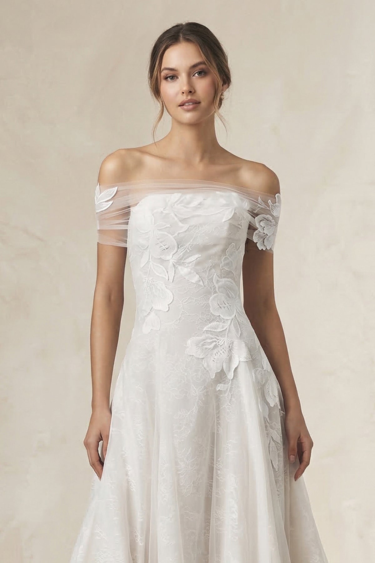 Off - the - Shoulder Appliqued A - Line Wedding Dress in White - SHE IS ME Wedding Dresses