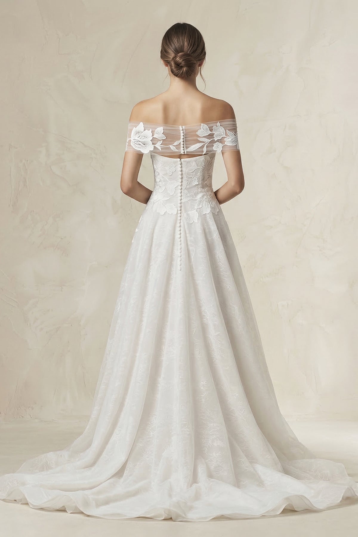 Off - the - Shoulder Appliqued A - Line Wedding Dress in White - SHE IS ME Wedding Dresses