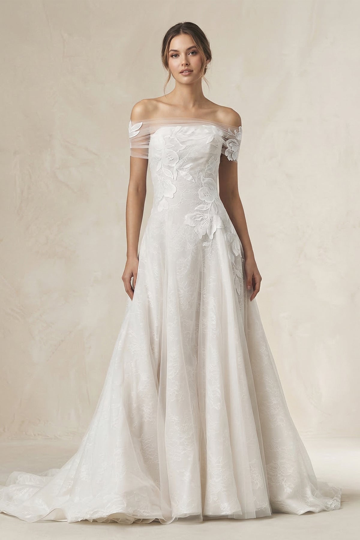 Off - the - Shoulder Appliqued A - Line Wedding Dress in White - SHE IS ME Wedding Dresses