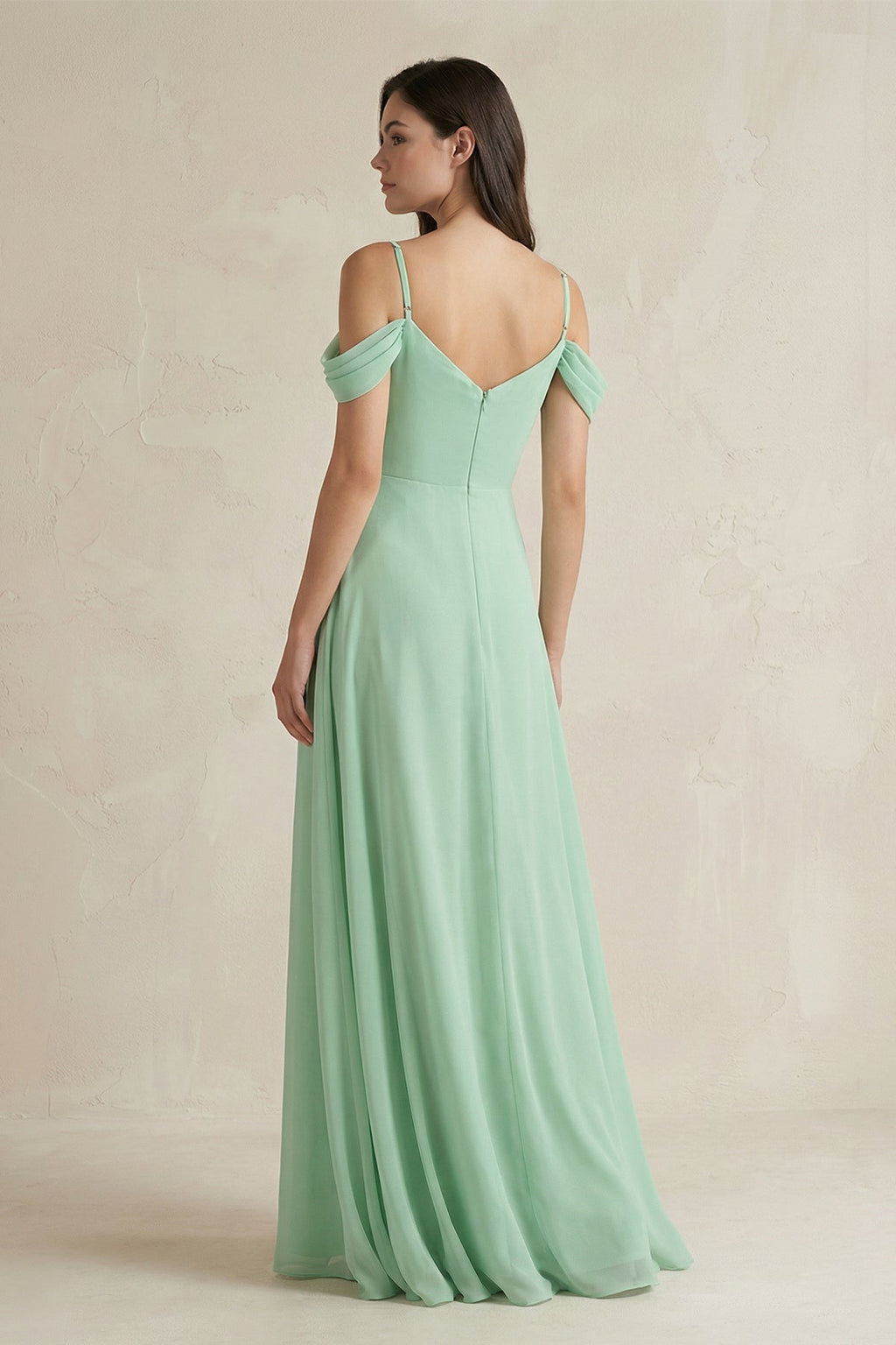 Off-the-Shoulder Chiffon A-Line Bridesmaid Dress in Pale Pistachio - SHE IS ME BRIDESMAID DRESSES