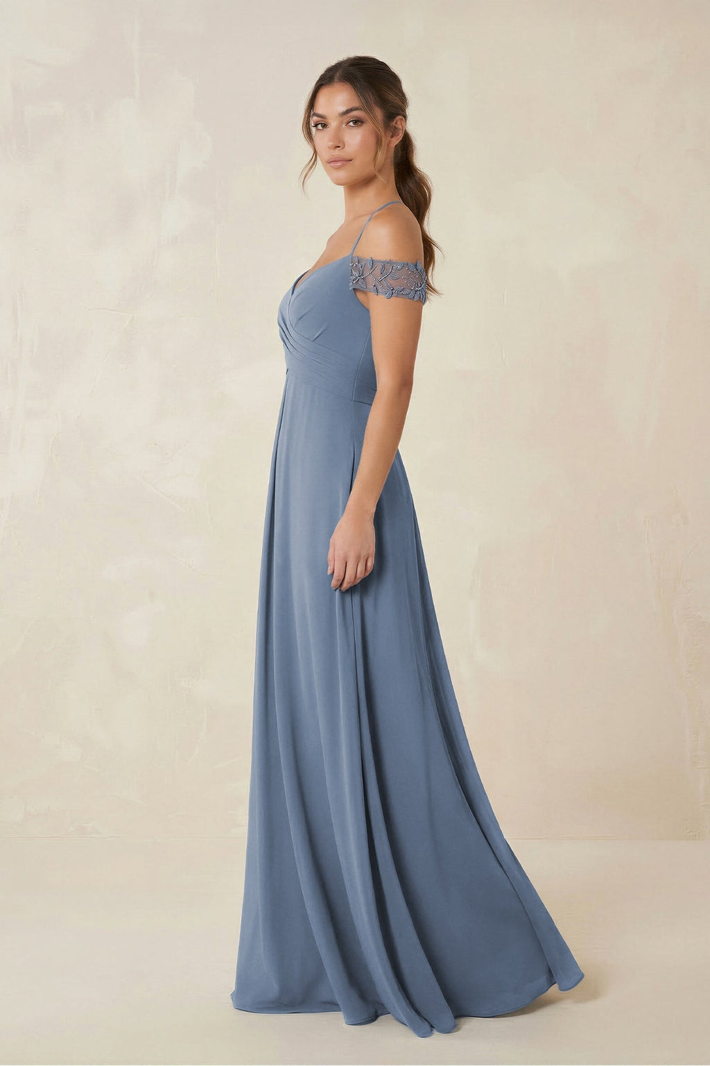 Off - the - Shoulder Chiffon A - Line Bridesmaid Dress in Neptune - SHE IS ME Bridesmaid Dresses