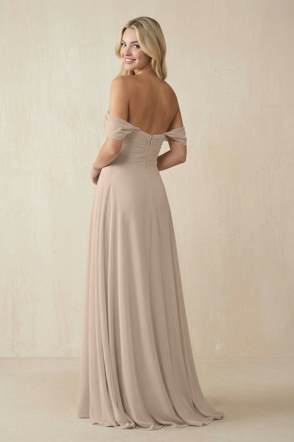 Off - the - Shoulder Chiffon A - Line Long Bridesmaid Dress in Almond - SHE IS ME Bridesmaid Dresses