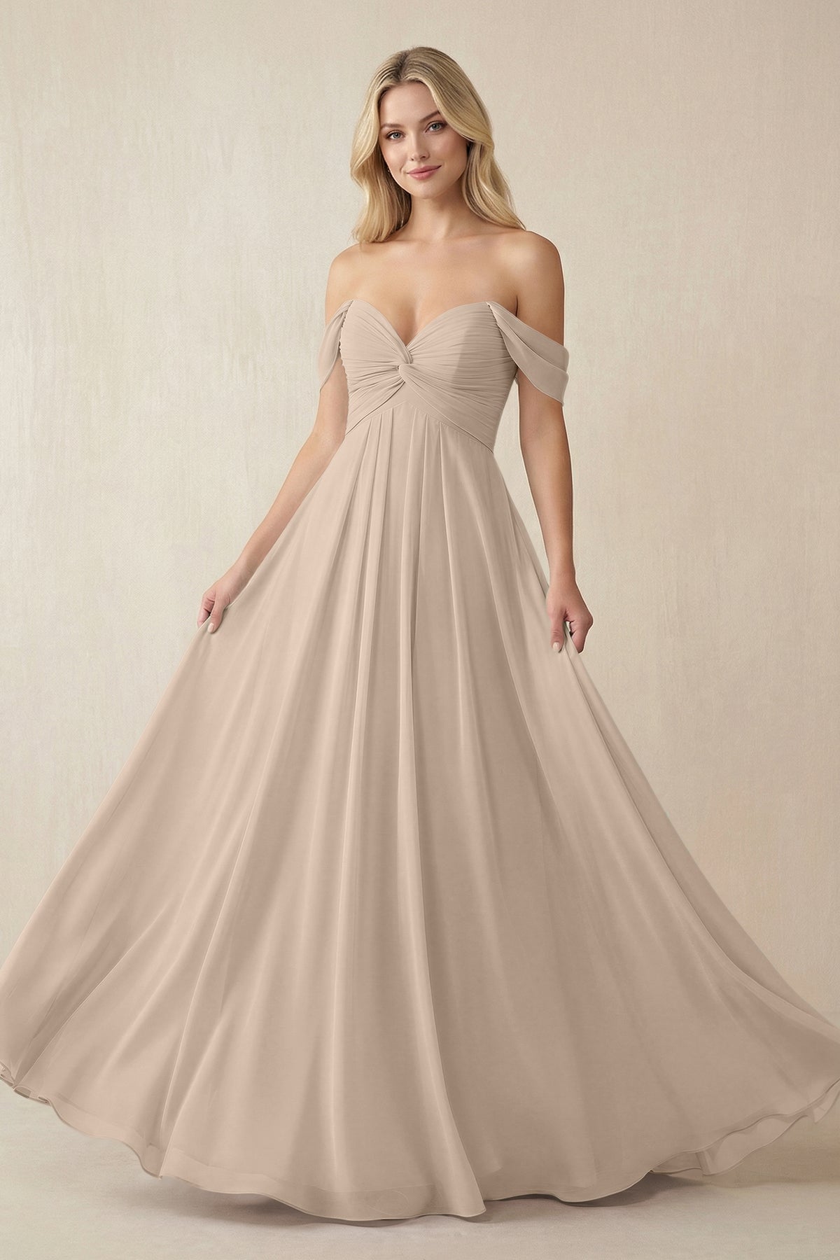 Off - the - Shoulder Chiffon A - Line Long Bridesmaid Dress in Almond - SHE IS ME Bridesmaid Dresses