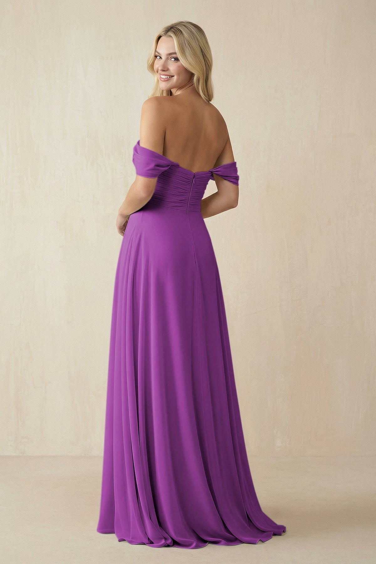 Off - the - Shoulder Chiffon A - Line Long Bridesmaid Dress in Amethyst - SHE IS ME Bridesmaid Dresses