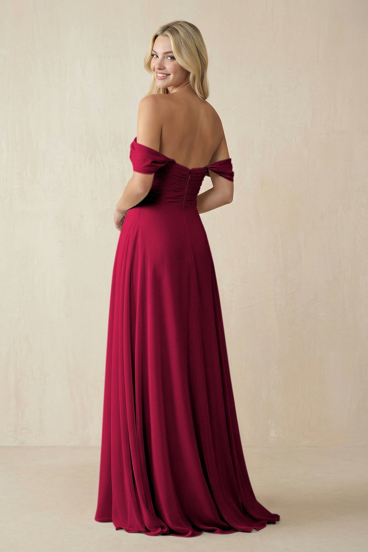 Off - the - Shoulder Chiffon A - Line Long Bridesmaid Dress in Berry - SHE IS ME Bridesmaid Dresses