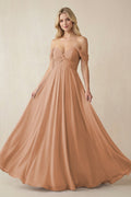 Off - the - Shoulder Chiffon A - Line Long Bridesmaid Dress in Bronzer - SHE IS ME Bridesmaid Dresses