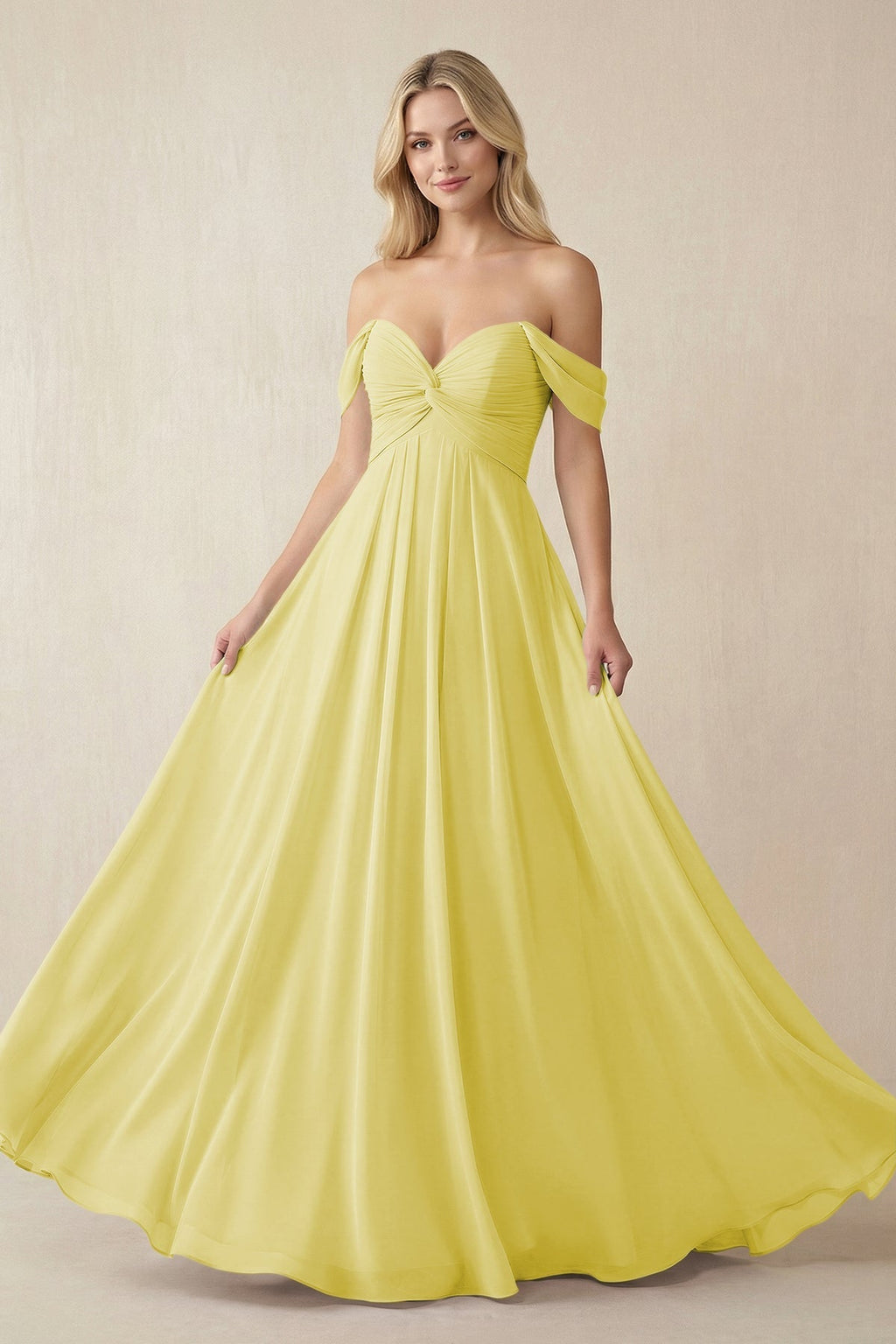 Off - the - Shoulder Chiffon A - Line Long Bridesmaid Dress in Buttercup - SHE IS ME Bridesmaid Dresses