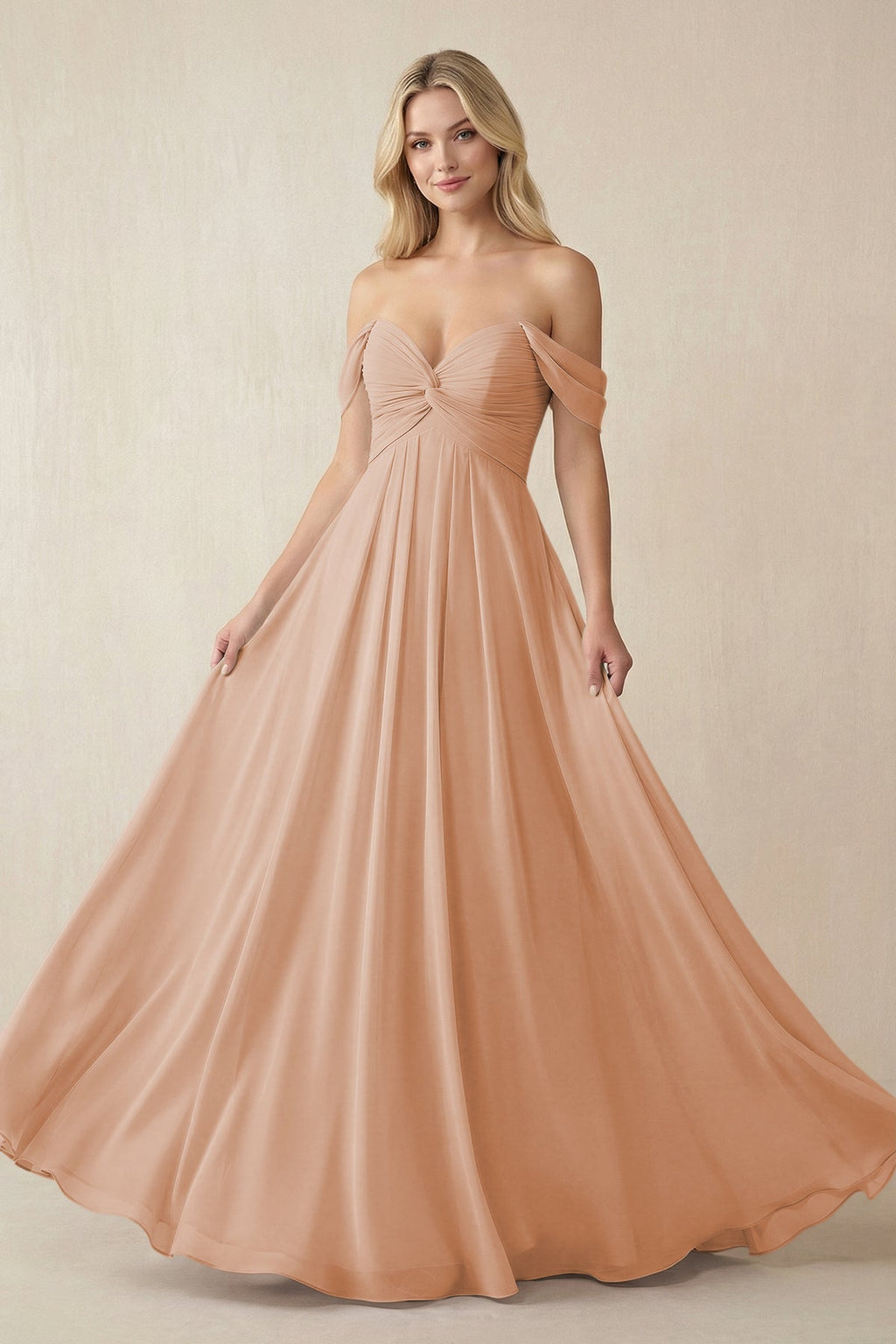 Off - the - Shoulder Chiffon A - Line Long Bridesmaid Dress in Champagne Rose - SHE IS ME Bridesmaid Dresses
