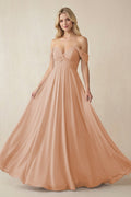 Off - the - Shoulder Chiffon A - Line Long Bridesmaid Dress in Champagne Rose - SHE IS ME Bridesmaid Dresses