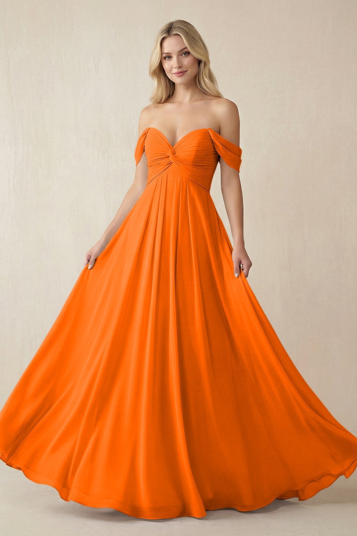 Off - the - Shoulder Chiffon A - Line Long Bridesmaid Dress in Cinnamon - SHE IS ME Bridesmaid Dresses