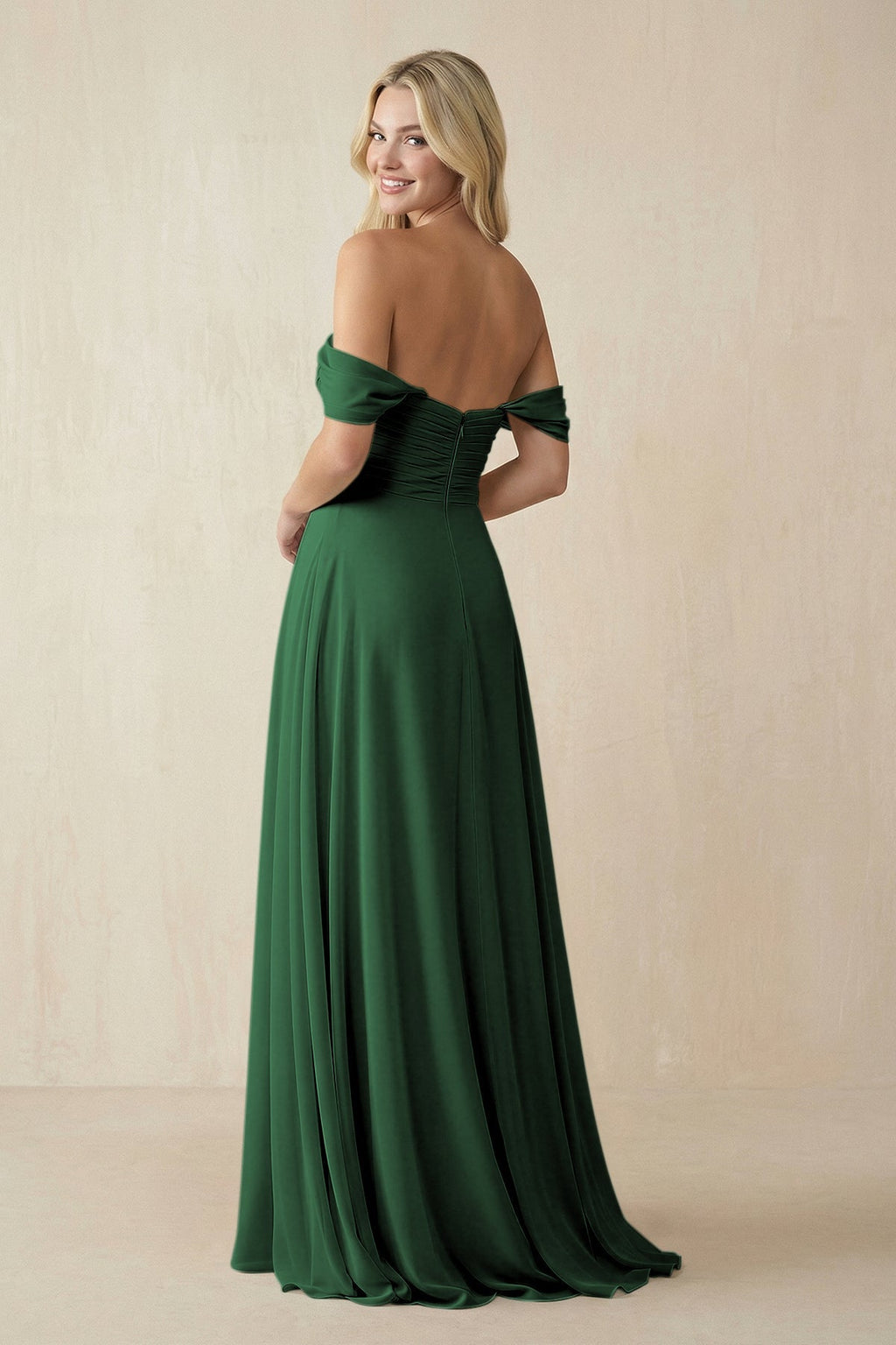 Off - the - Shoulder Chiffon A - Line Long Bridesmaid Dress in Dark Green - SHE IS ME Bridesmaid Dresses