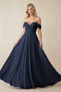 Off - the - Shoulder Chiffon A - Line Long Bridesmaid Dress in Dark Navy - SHE IS ME Bridesmaid Dresses
