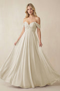 Off - the - Shoulder Chiffon A - Line Long Bridesmaid Dress in Dove Gray - SHE IS ME Bridesmaid Dresses