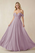 Off - the - Shoulder Chiffon A - Line Long Bridesmaid Dress in Dusk - SHE IS ME Bridesmaid Dresses