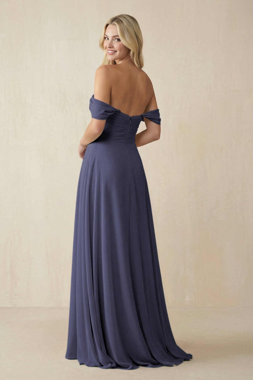 Off - the - Shoulder Chiffon A - Line Long Bridesmaid Dress in Dusk Blue - SHE IS ME Bridesmaid Dresses