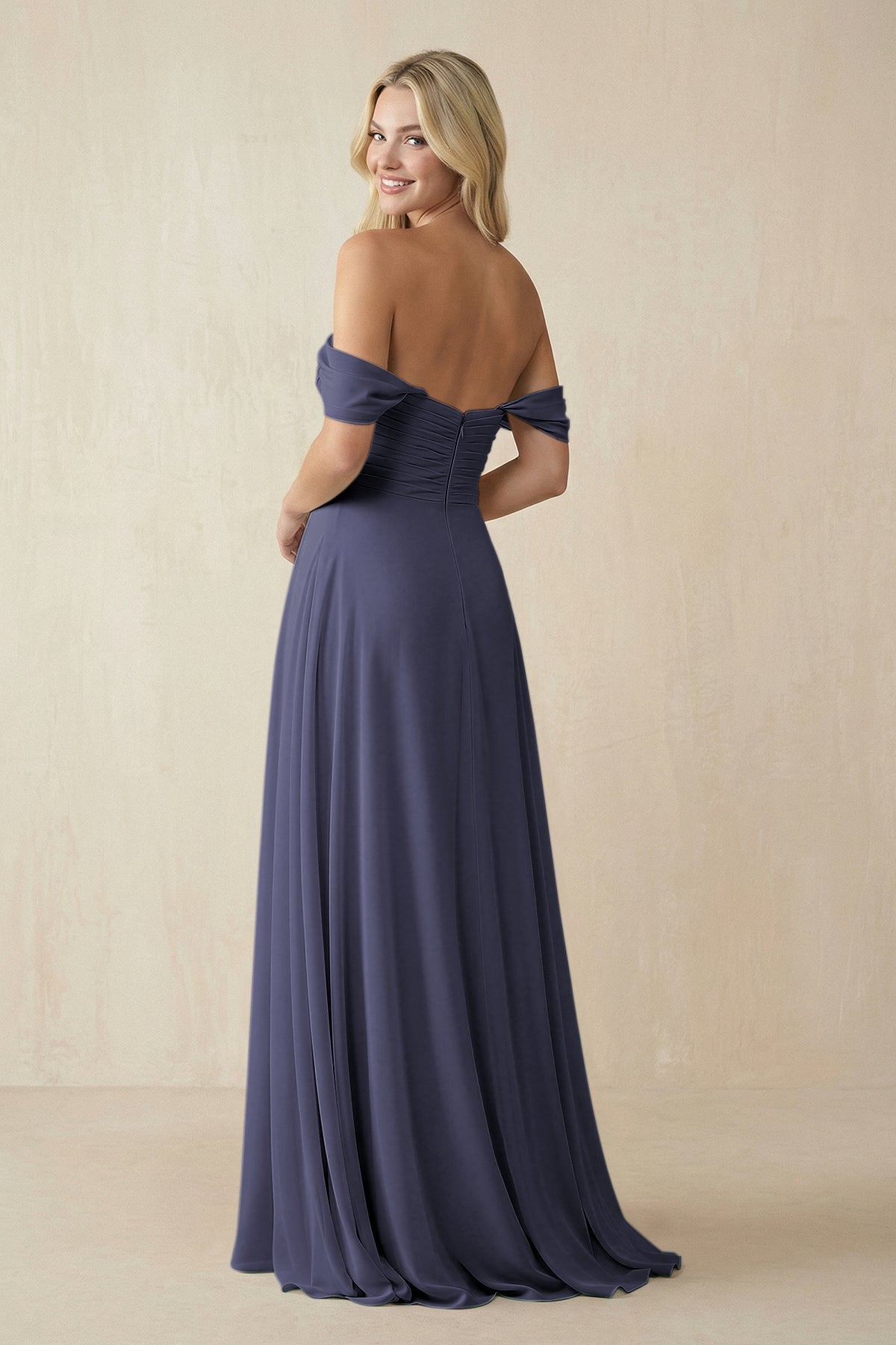 Off - the - Shoulder Chiffon A - Line Long Bridesmaid Dress in Dusk Blue - SHE IS ME Bridesmaid Dresses