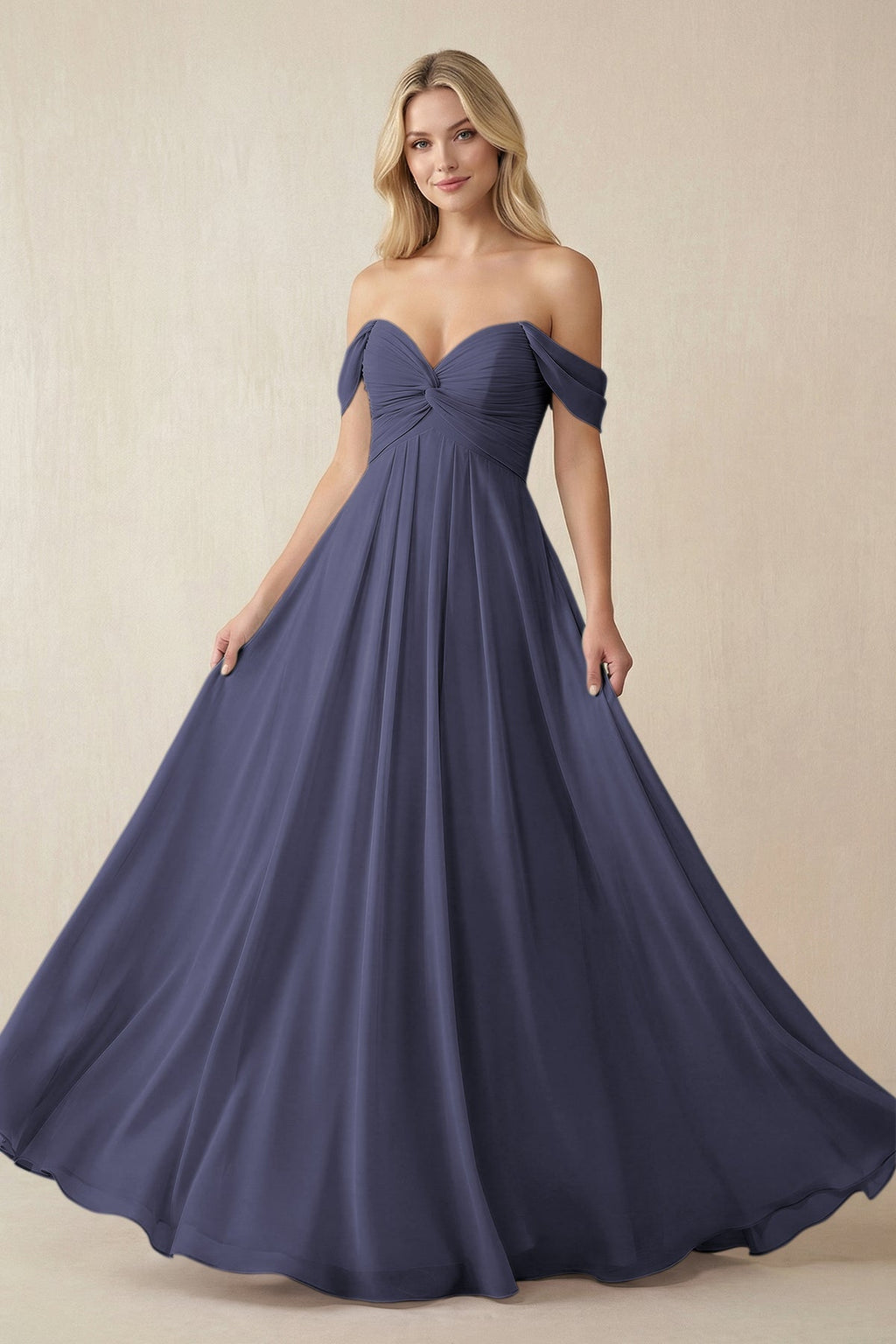 Off - the - Shoulder Chiffon A - Line Long Bridesmaid Dress in Dusk Blue - SHE IS ME Bridesmaid Dresses
