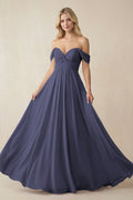 Off - the - Shoulder Chiffon A - Line Long Bridesmaid Dress in Dusk Blue - SHE IS ME Bridesmaid Dresses