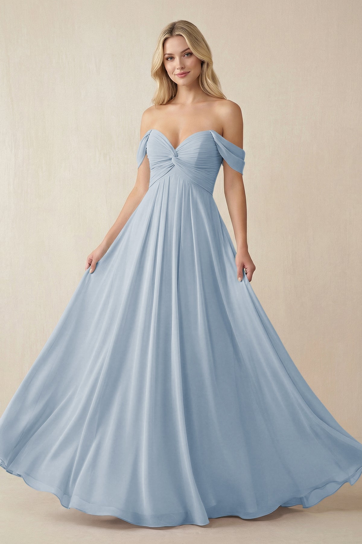 Off - the - Shoulder Chiffon A - Line Long Bridesmaid Dress in Dusty Blue - SHE IS ME Bridesmaid Dresses
