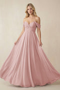 Off - the - Shoulder Chiffon A - Line Long Bridesmaid Dress in Dusty Rose - SHE IS ME Bridesmaid Dresses