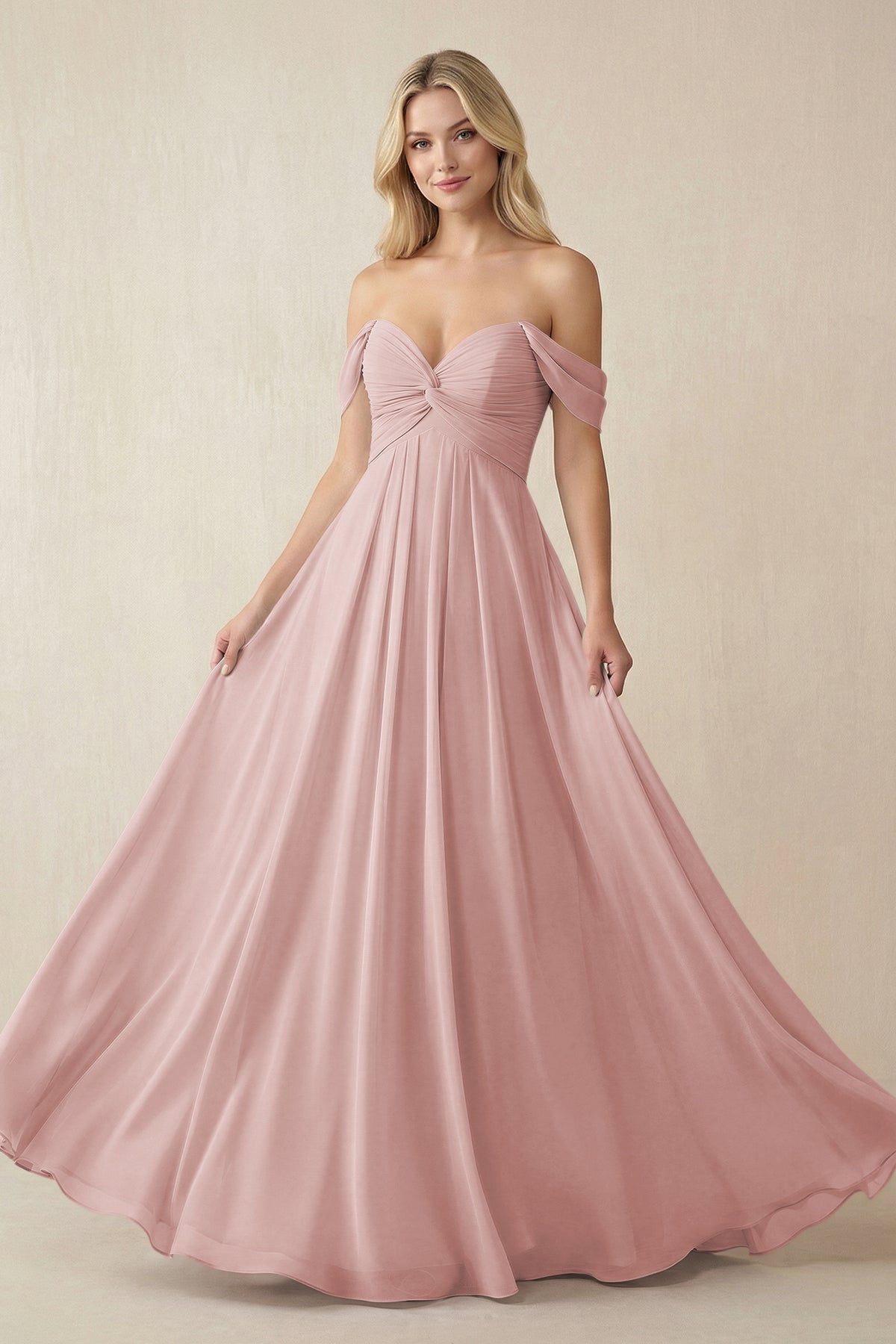 Off - the - Shoulder Chiffon A - Line Long Bridesmaid Dress in Dusty Rose - SHE IS ME Bridesmaid Dresses