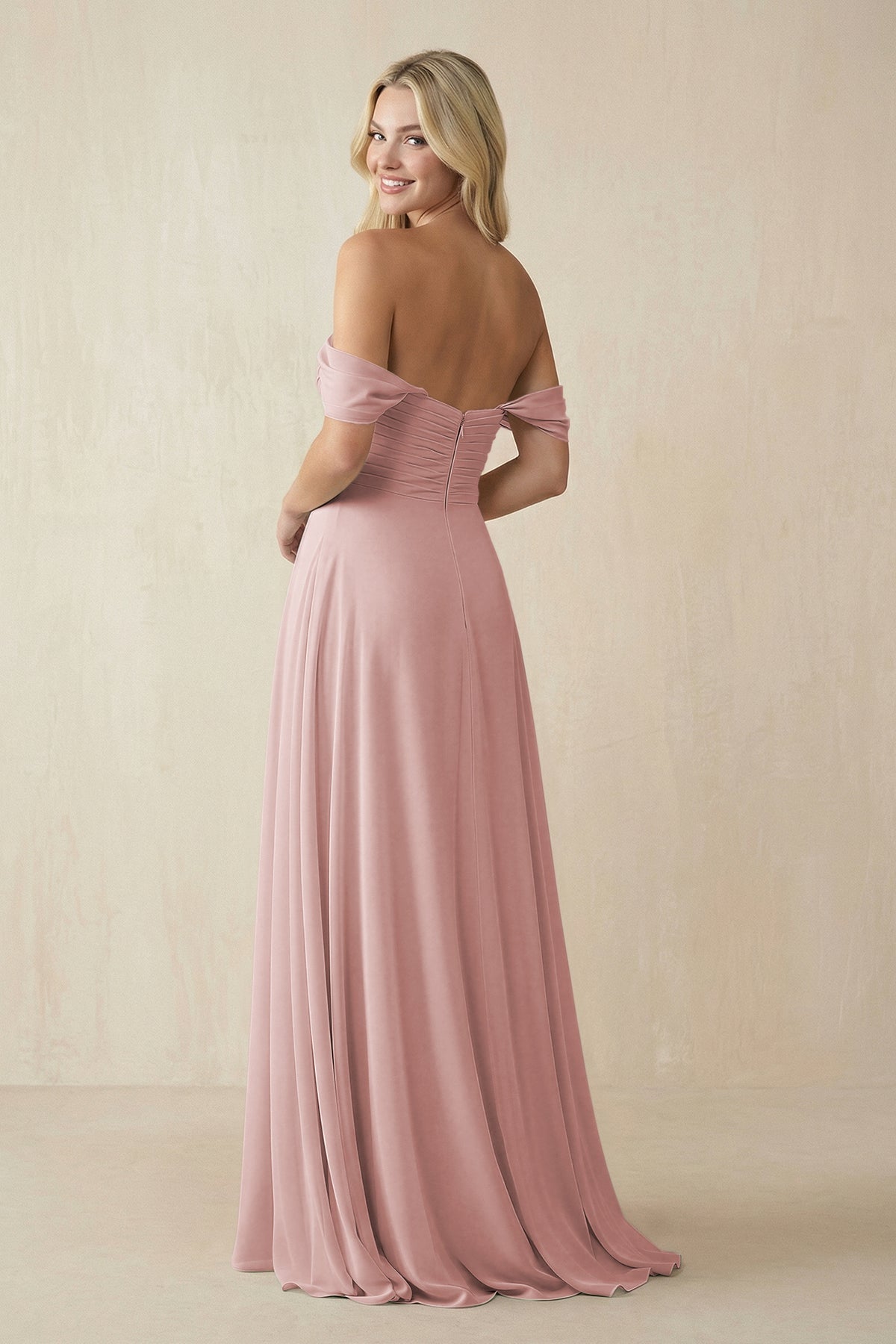 Off - the - Shoulder Chiffon A - Line Long Bridesmaid Dress in Dusty Rose - SHE IS ME Bridesmaid Dresses