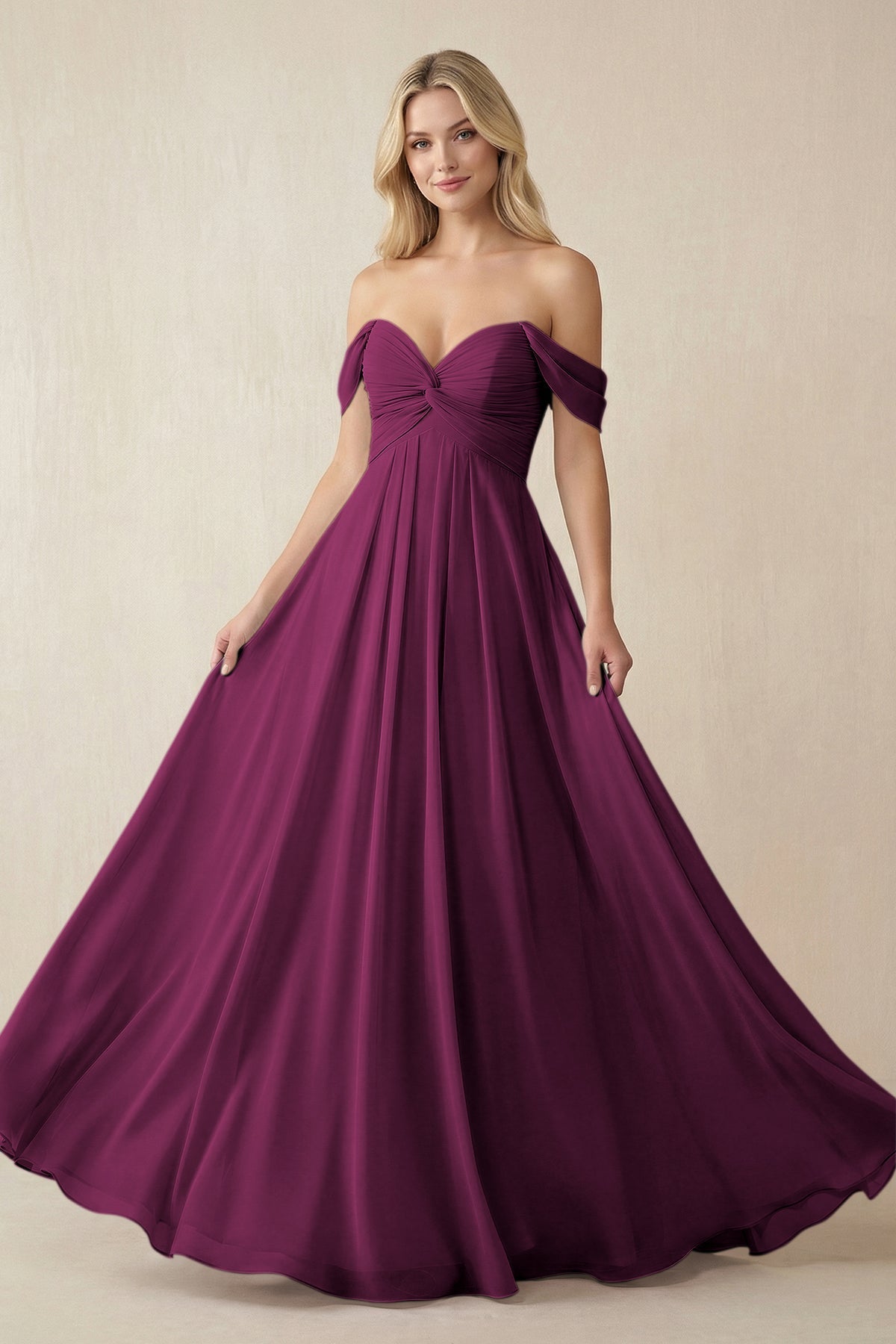 Off - the - Shoulder Chiffon A - Line Long Bridesmaid Dress in Fig - SHE IS ME Bridesmaid Dresses