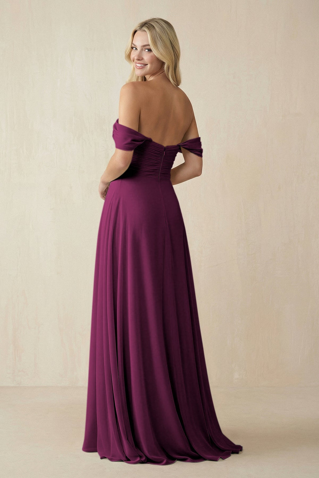Off - the - Shoulder Chiffon A - Line Long Bridesmaid Dress in Fig - SHE IS ME Bridesmaid Dresses