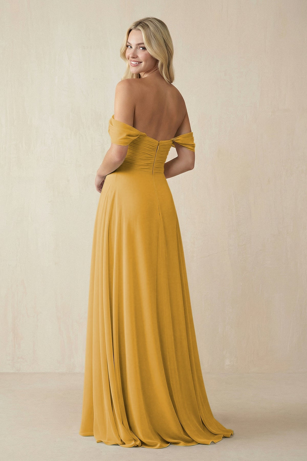 Off - the - Shoulder Chiffon A - Line Long Bridesmaid Dress in Marigold - SHE IS ME Bridesmaid Dresses