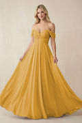 Off - the - Shoulder Chiffon A - Line Long Bridesmaid Dress in Marigold - SHE IS ME Bridesmaid Dresses
