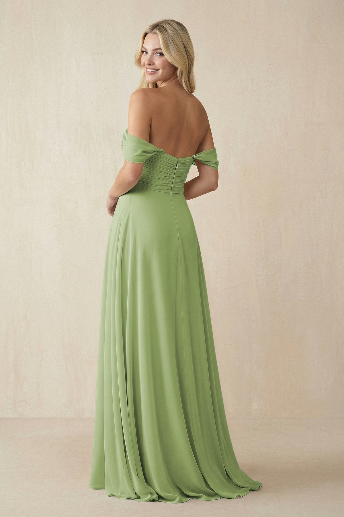 Off - the - Shoulder Chiffon A - Line Long Bridesmaid Dress in Matcha - SHE IS ME Bridesmaid Dresses