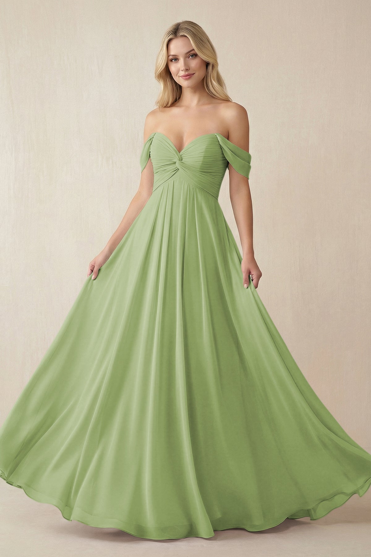 Off - the - Shoulder Chiffon A - Line Long Bridesmaid Dress in Matcha - SHE IS ME Bridesmaid Dresses