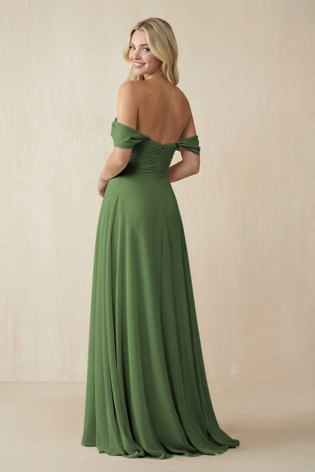 Off - the - Shoulder Chiffon A - Line Long Bridesmaid Dress in Moss - SHE IS ME Bridesmaid Dresses