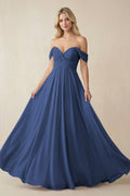 Off - the - Shoulder Chiffon A - Line Long Bridesmaid Dress in Navy - SHE IS ME Bridesmaid Dresses