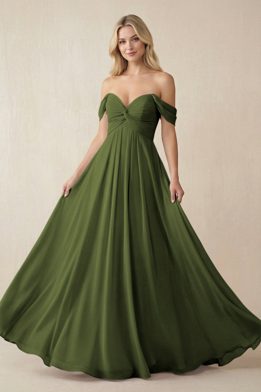 Off - the - Shoulder Chiffon A - Line Long Bridesmaid Dress in Olive - SHE IS ME Bridesmaid Dresses