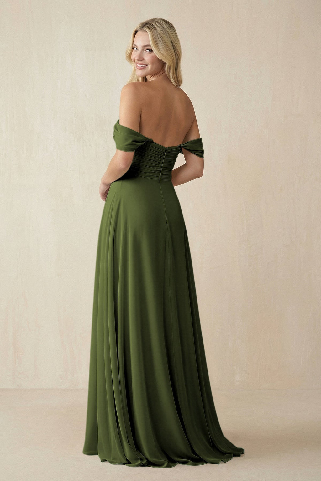 Off - the - Shoulder Chiffon A - Line Long Bridesmaid Dress in Olive - SHE IS ME Bridesmaid Dresses