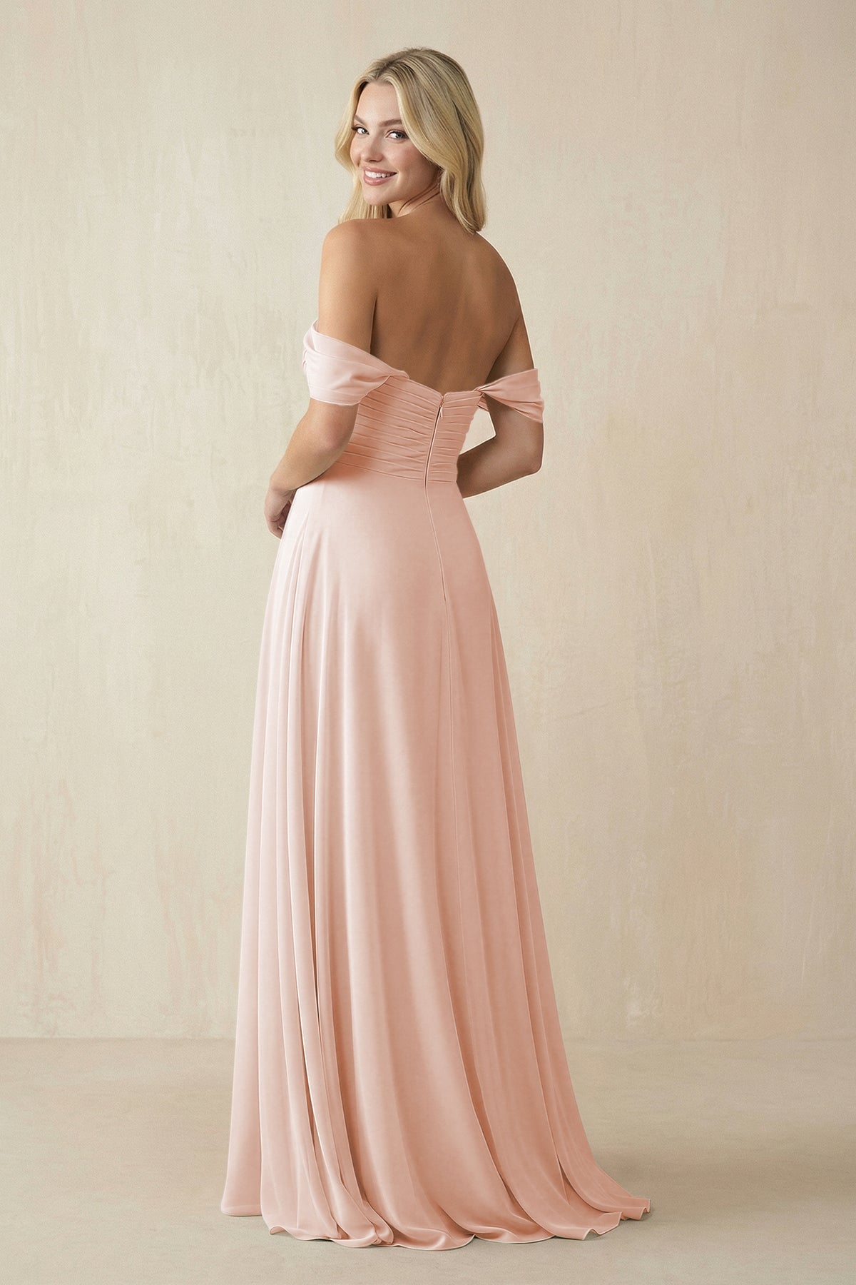 Off - the - Shoulder Chiffon A - Line Long Bridesmaid Dress in Pale Blush - SHE IS ME Bridesmaid Dresses