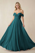Off - the - Shoulder Chiffon A - Line Long Bridesmaid Dress in Pine - SHE IS ME Bridesmaid Dresses