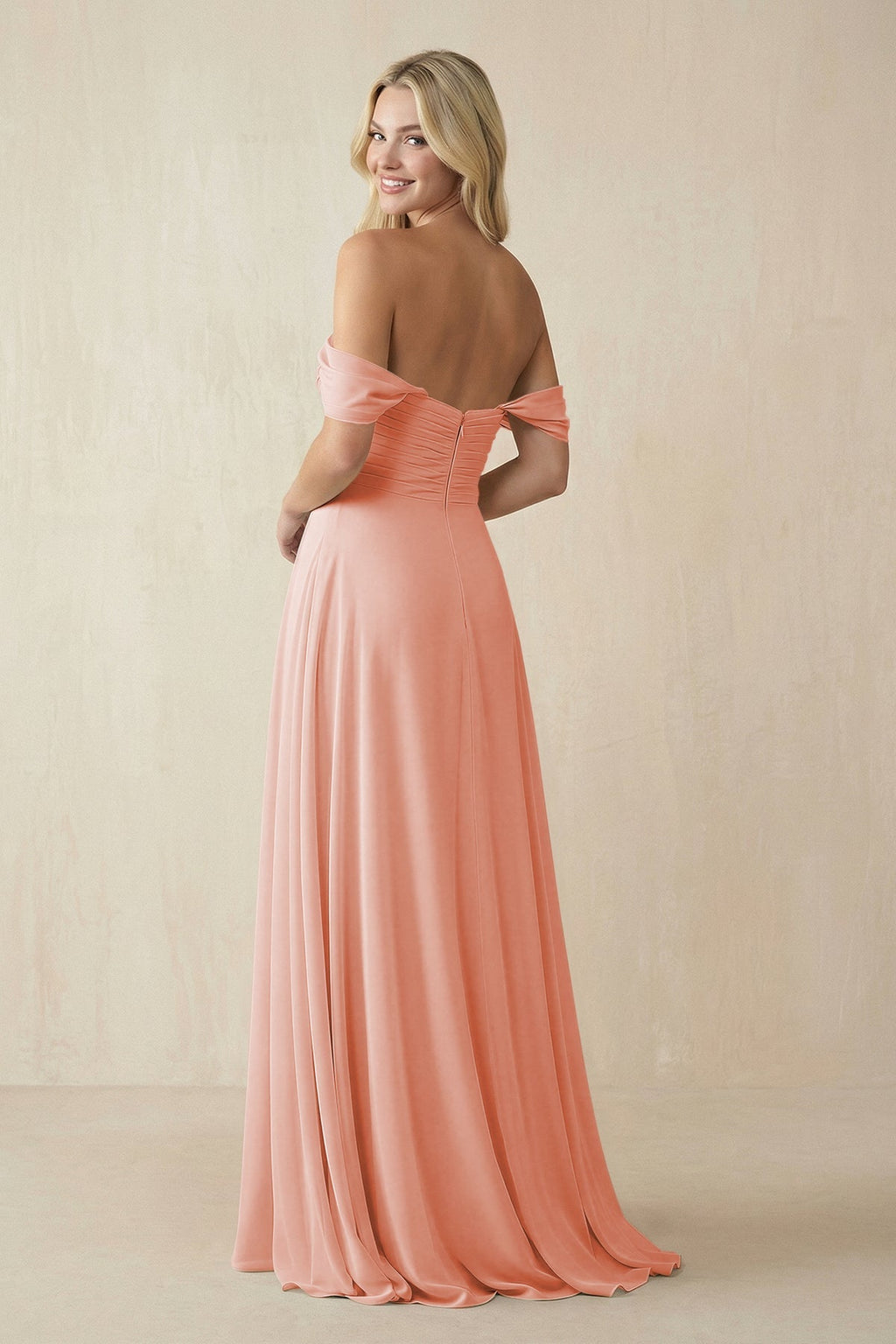 Off - the - Shoulder Chiffon A - Line Long Bridesmaid Dress in Rose Petal - SHE IS ME Bridesmaid Dresses
