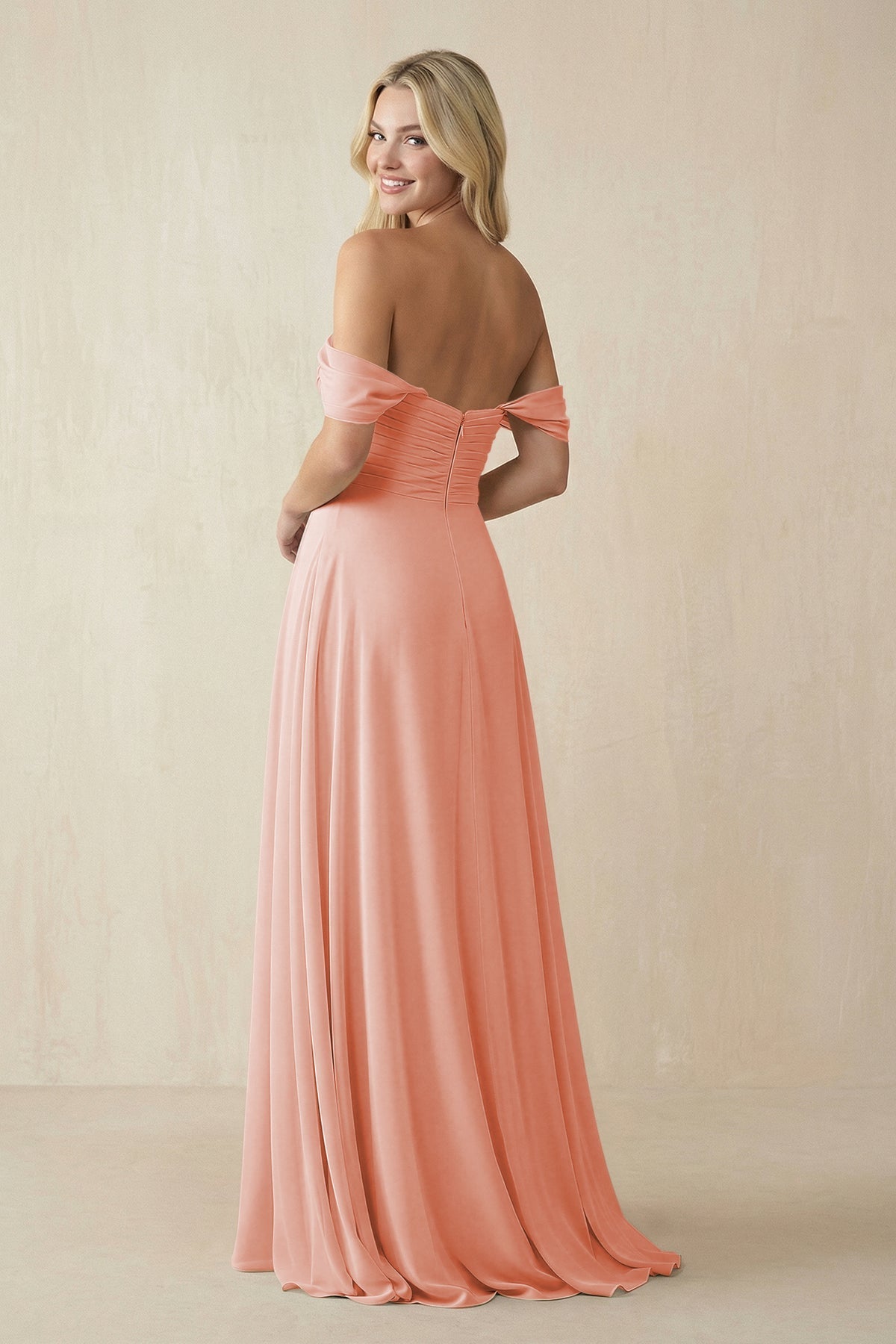 Off - the - Shoulder Chiffon A - Line Long Bridesmaid Dress in Rose Petal - SHE IS ME Bridesmaid Dresses