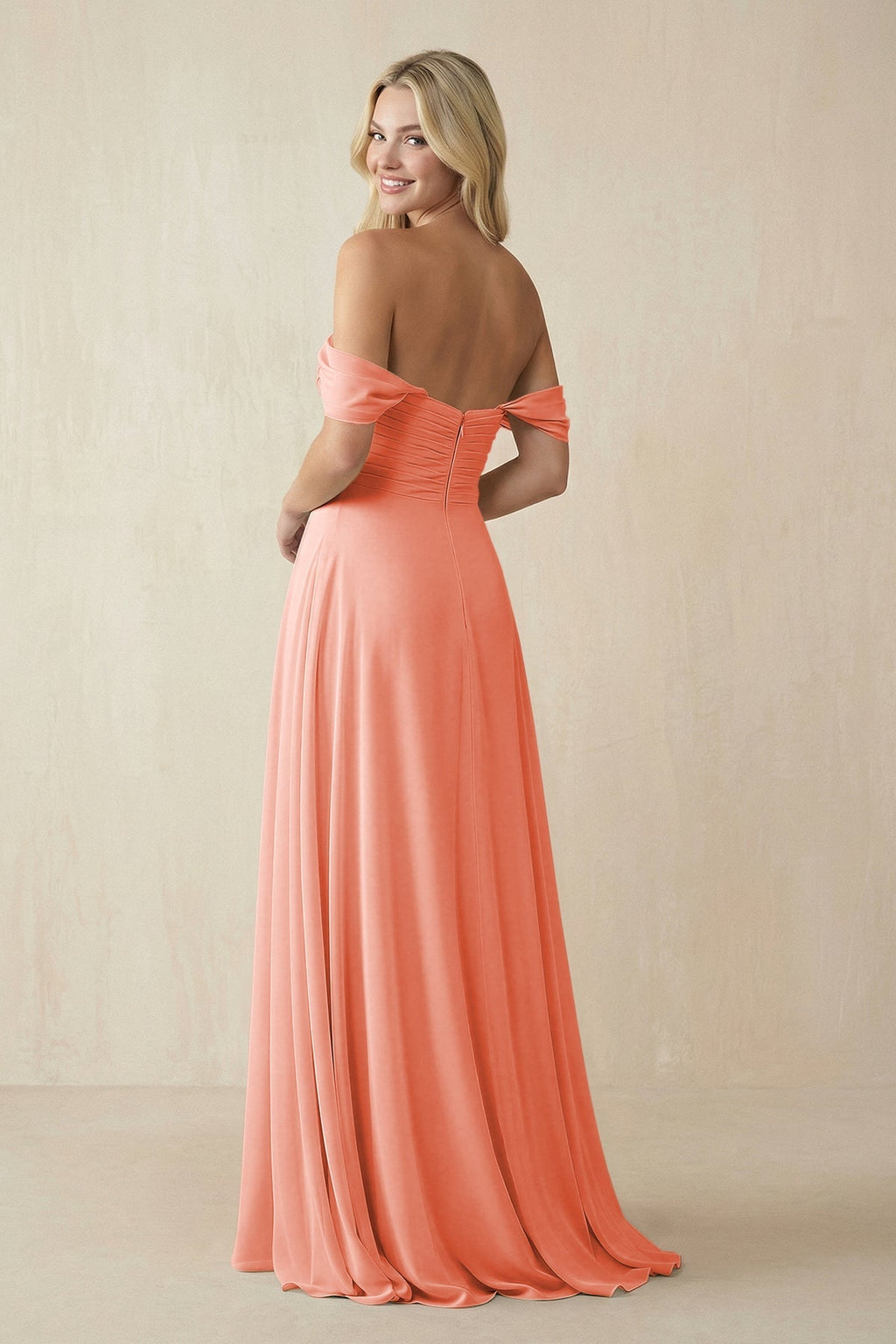 Off - the - Shoulder Chiffon A - Line Long Bridesmaid Dress in Rosette - SHE IS ME Bridesmaid Dresses